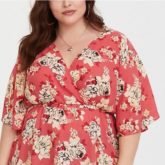 FLORAL WRAP GEORGETTE BABYDOLL BLOUSE CORAL Size 00 - Picture 3 of 15